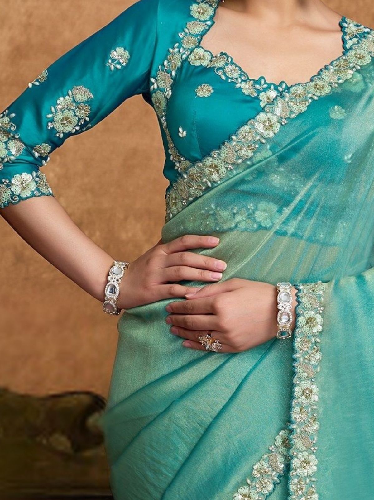 Maya Blue Designer Party Wear Saree With Blouse Piece