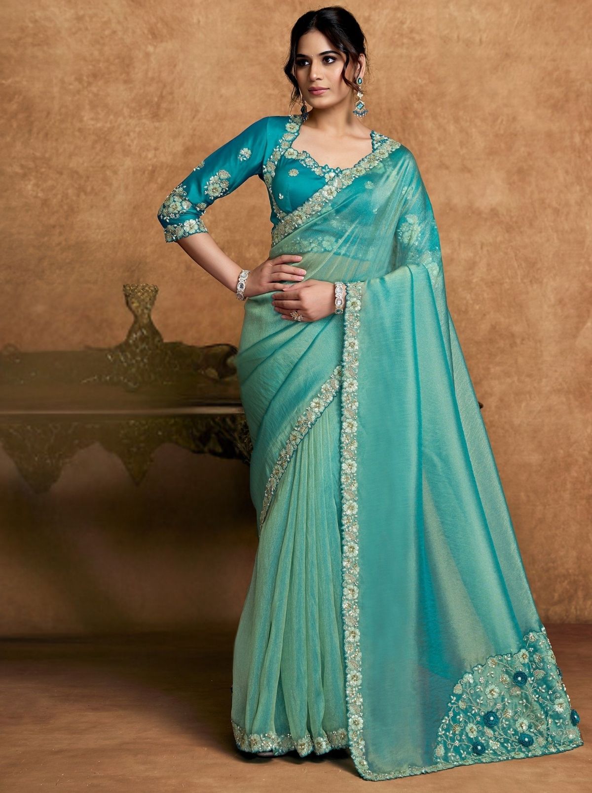 Maya Blue Designer Party Wear Saree With Blouse Piece