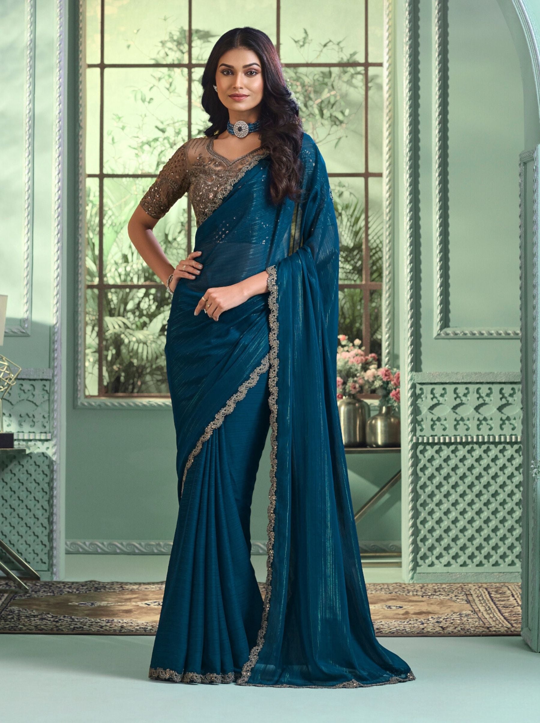 Blue Premium Fancy Fabric Designer Wedding Party Saree