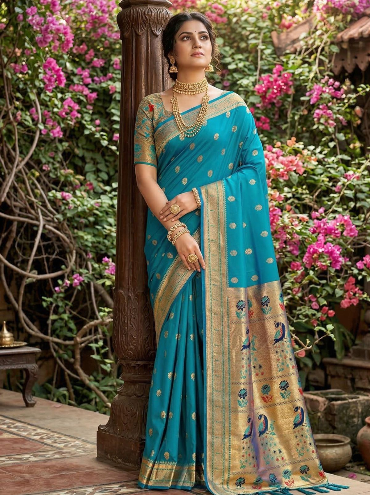 Azure Blue Premium Soft Silk Paithani Wedding Saree