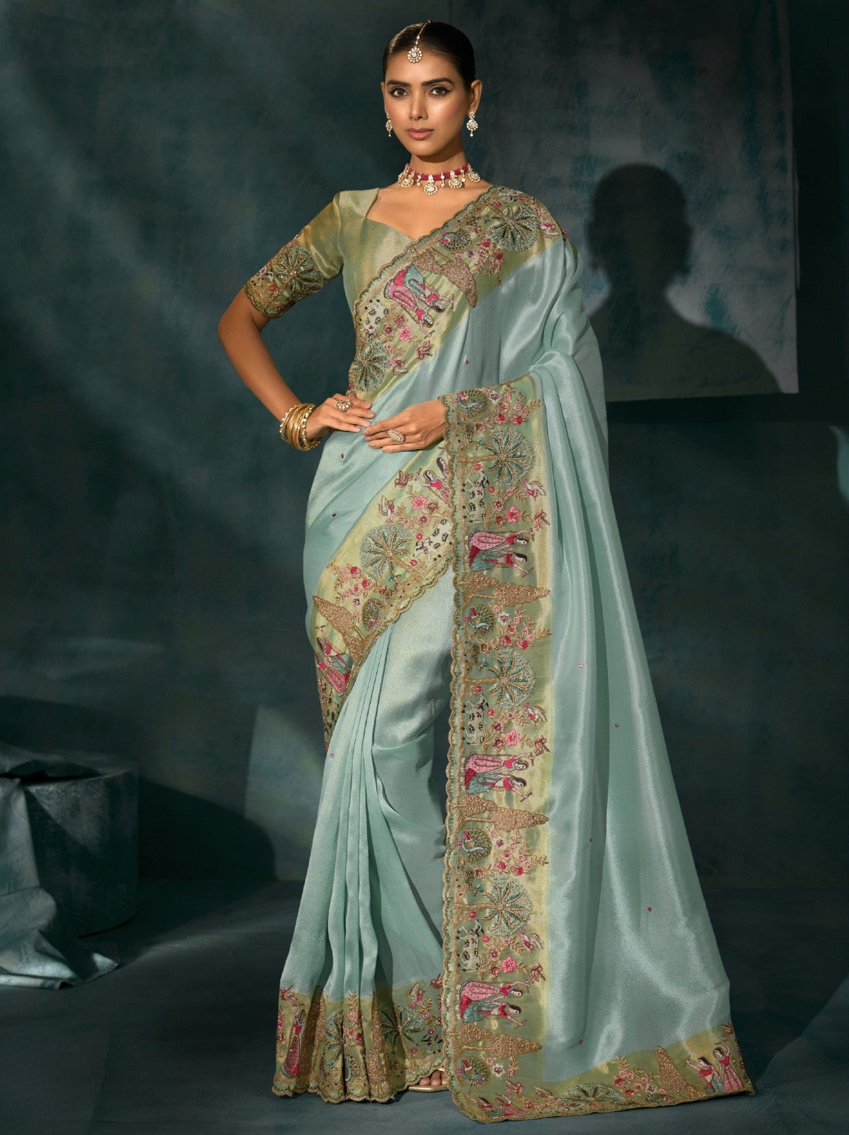 Sky Blue Wedding Designer Soft Silk Saree With Blouse Piece