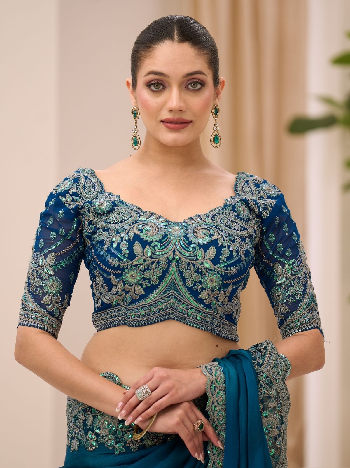 Teal Blue Designer Wedding saree With Blouse Piece - TrendOye