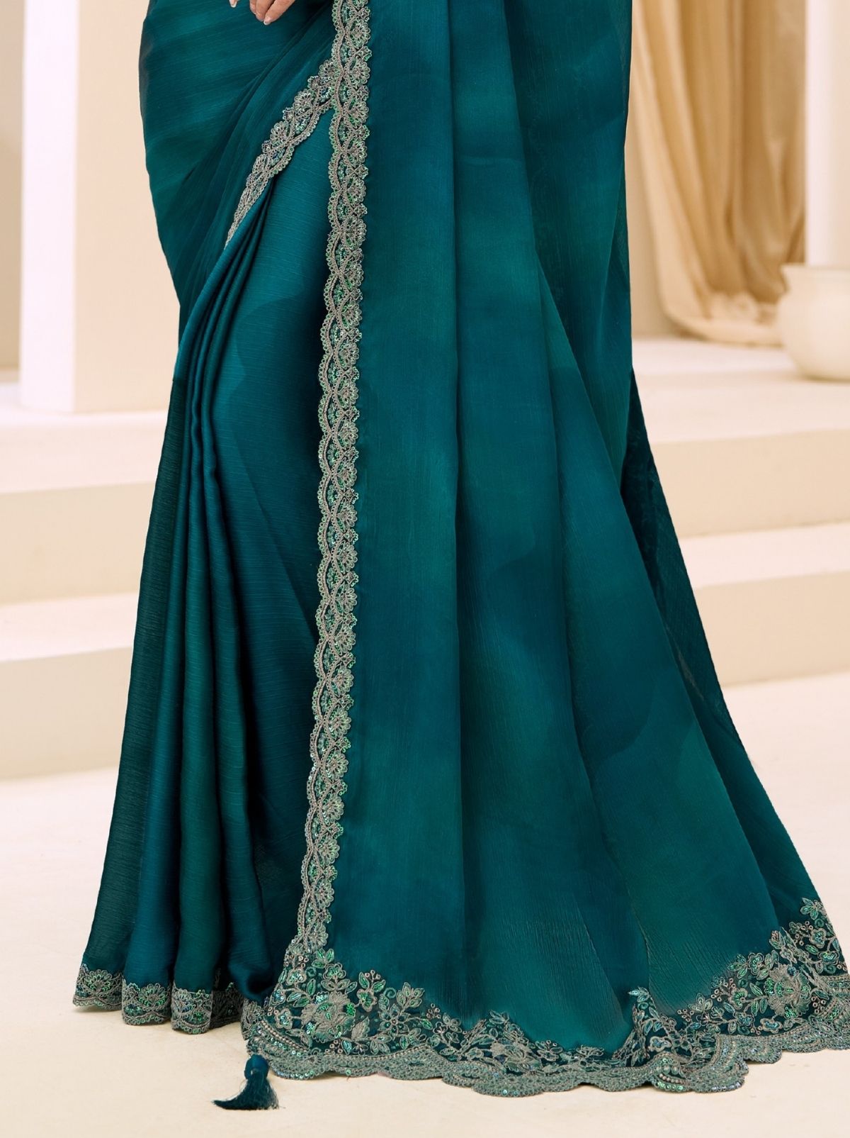 Teal Blue Designer Wedding saree With Blouse Piece - TrendOye