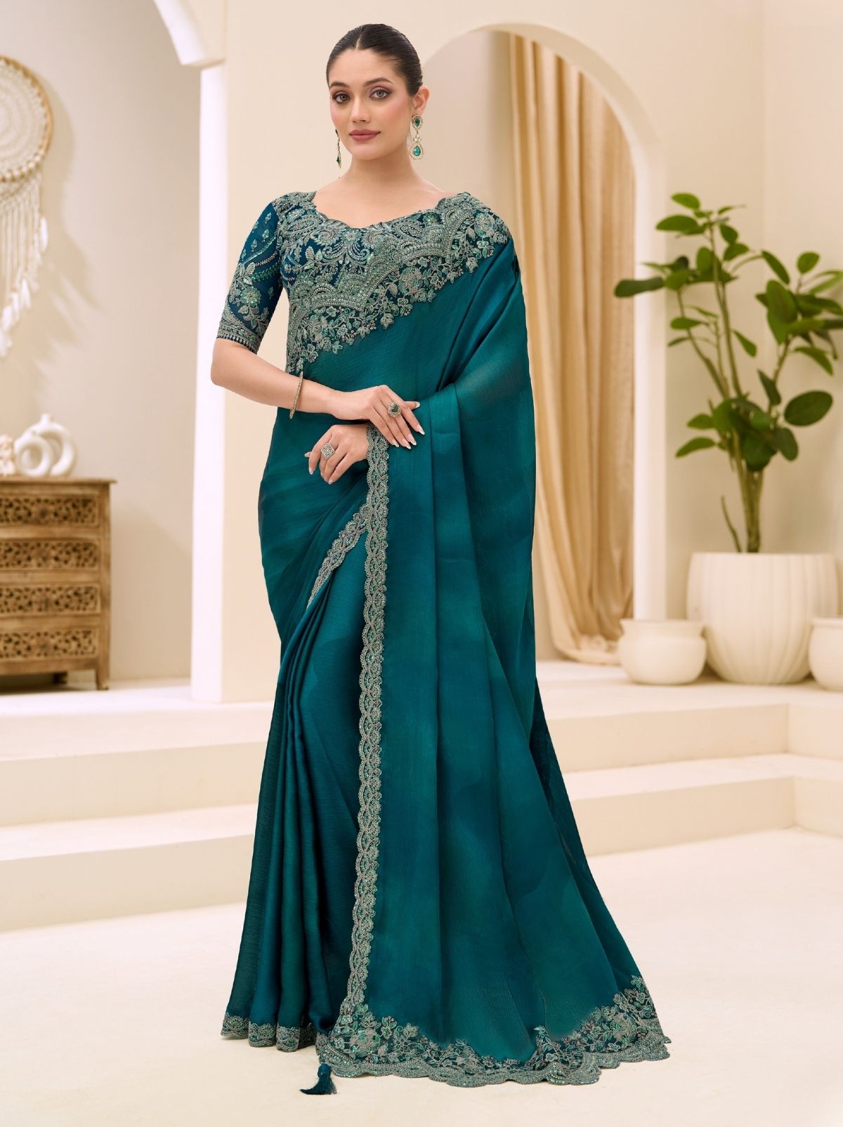 Teal Blue Designer Wedding saree With Blouse Piece - TrendOye