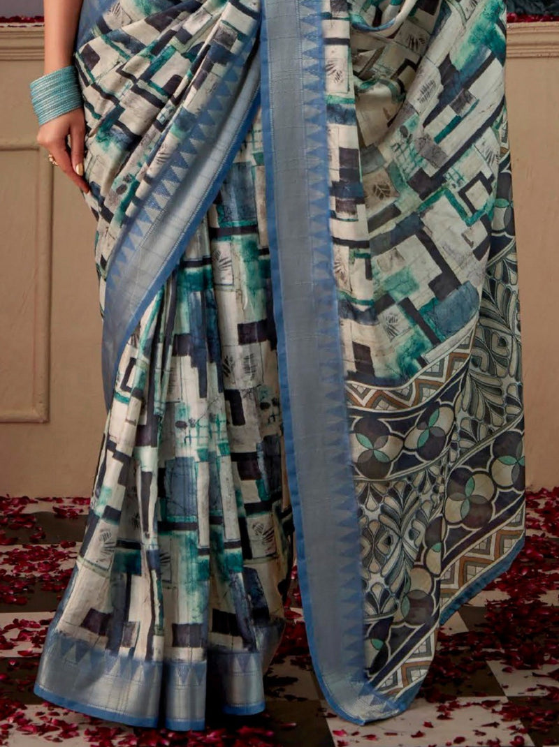 Olympic Blue Fancy Digital Silk Festive Saree