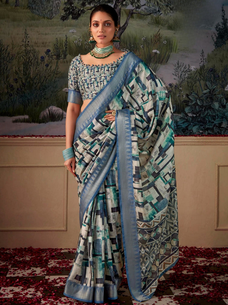 Olympic Blue Fancy Digital Silk Festive Saree