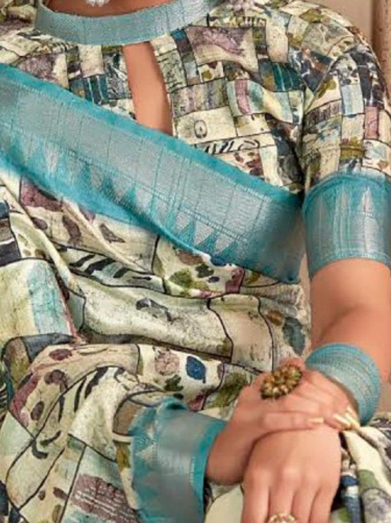 Tiffany Blue Fancy Digital Silk Festive Saree