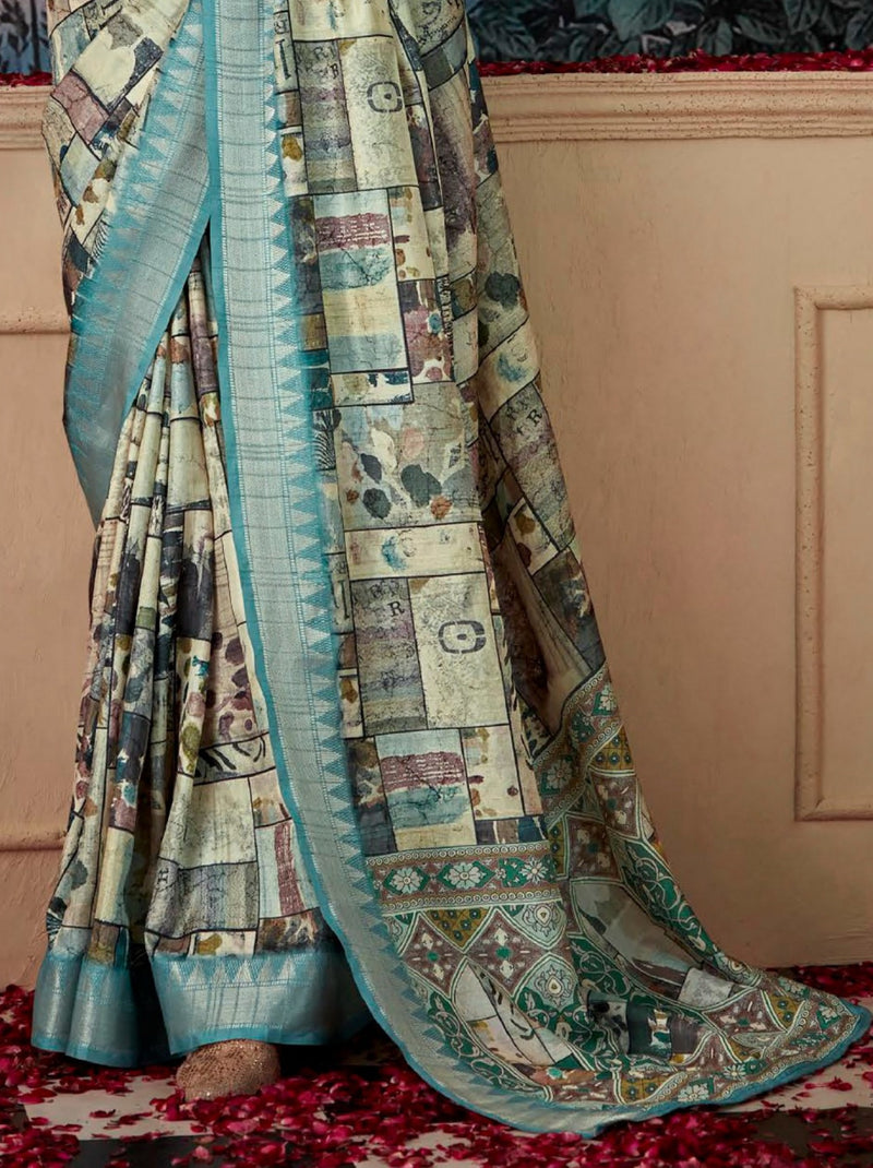 Tiffany Blue Fancy Digital Silk Festive Saree