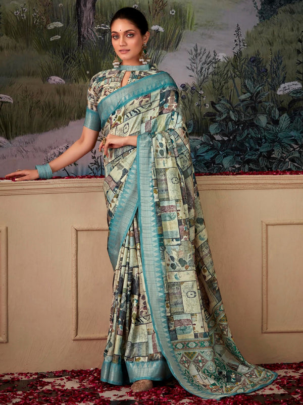 Tiffany Blue Fancy Digital Silk Festive Saree