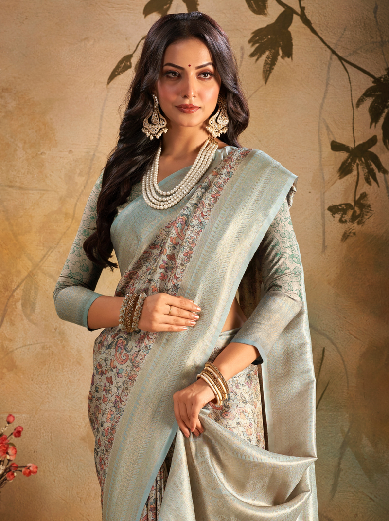 Sky Blue Fine Digital Silk Party Saree With Blouse Piece