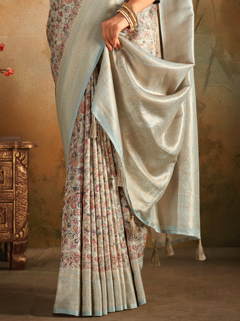 Sky Blue Fine Digital Silk Party Saree With Blouse Piece