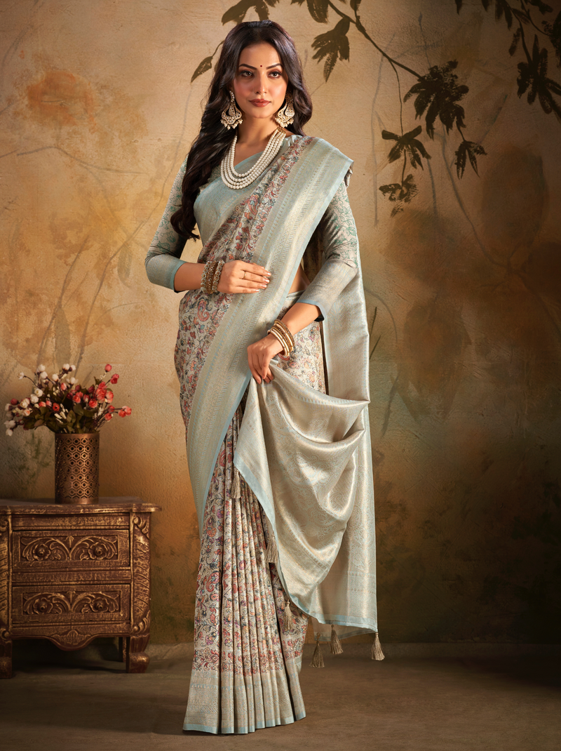 Sky Blue Fine Digital Silk Party Saree With Blouse Piece - TrendOye