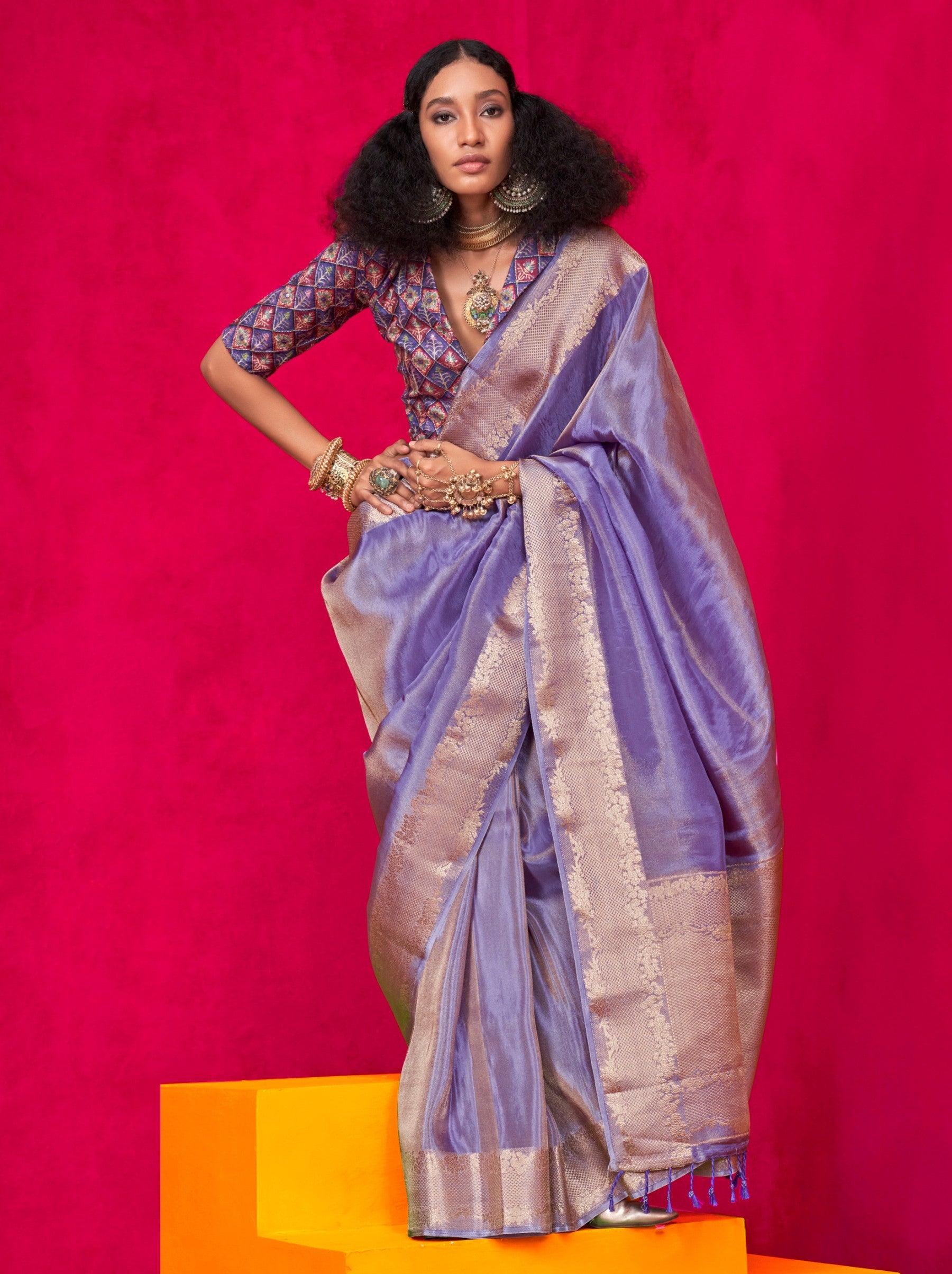 Periwinkle Blue Tissue Silk Party Saree - TrendOye