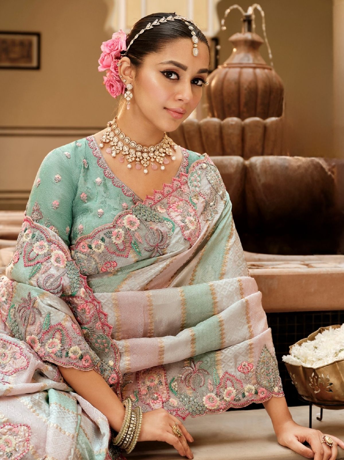 Powder Blue Fine Soft Silk Saree with Heavy Embroidery Work - TrendOye