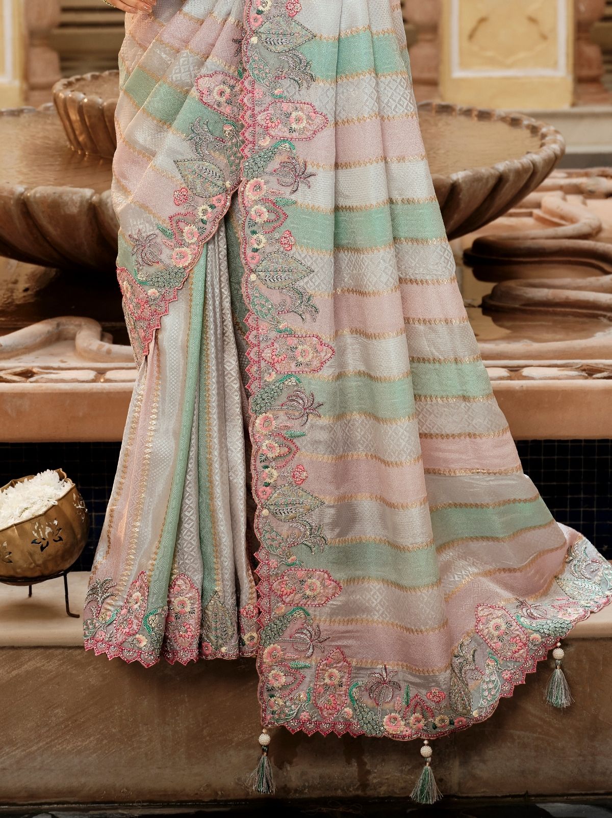 Powder Blue Fine Soft Silk Saree with Heavy Embroidery Work - TrendOye
