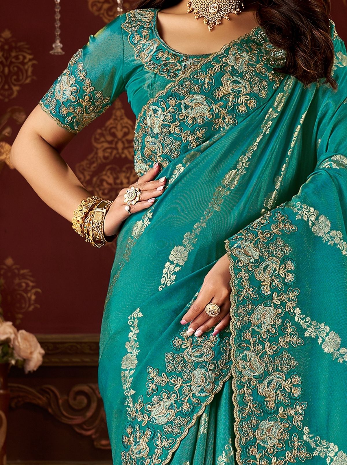 Teal Blue Elegant Wedding Saree With Heavy Border Embroidery