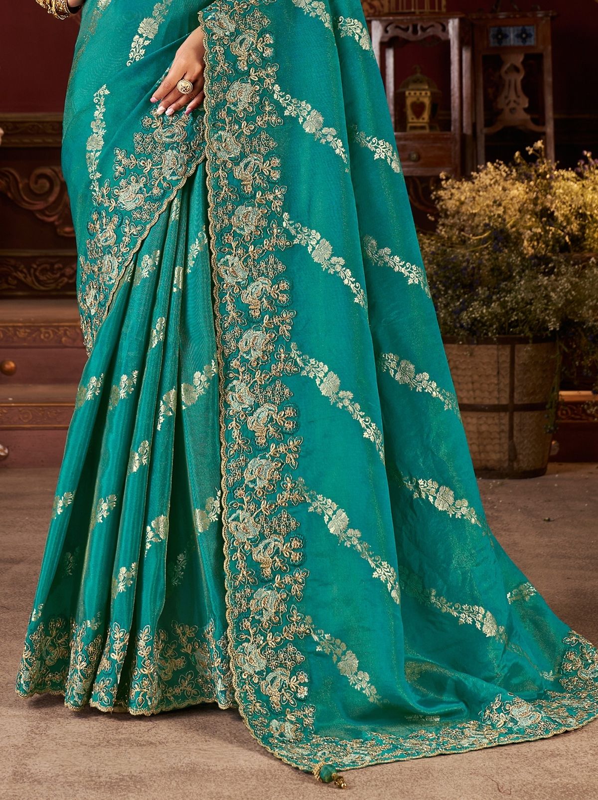Teal Blue Elegant Wedding Saree With Heavy Border Embroidery