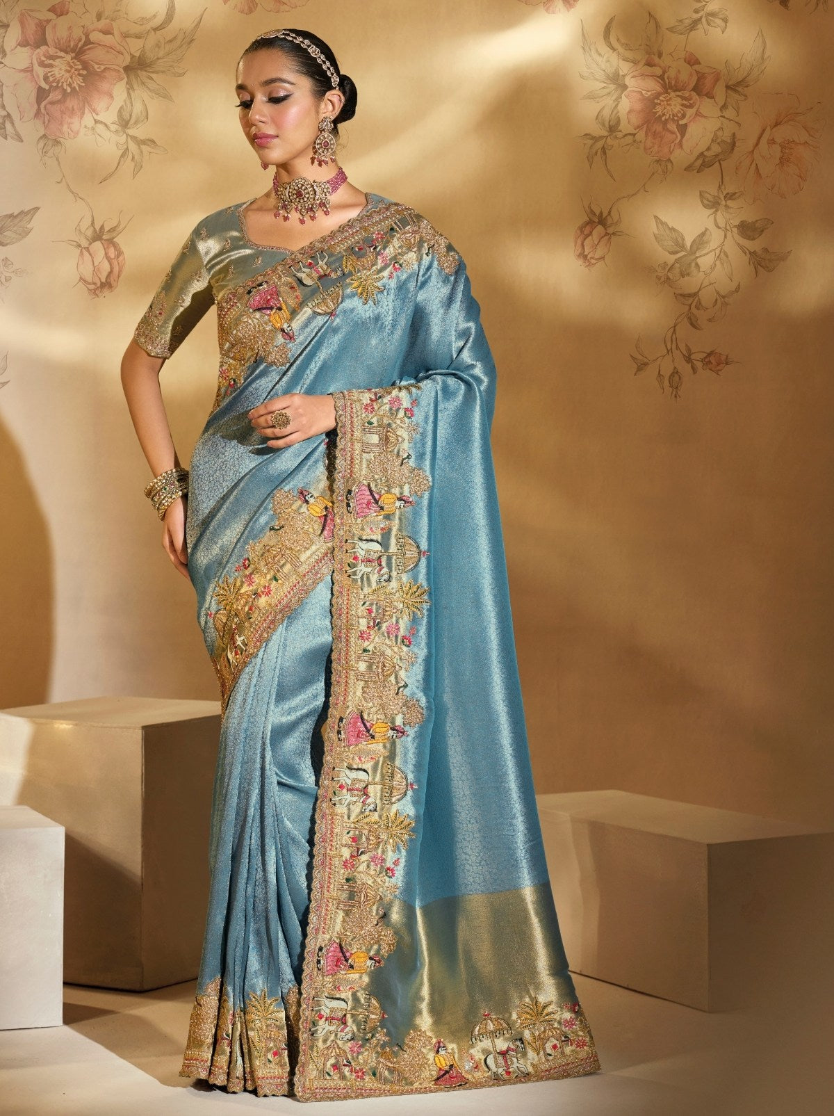Carolina Blue Elite Soft Silk Saree With Heavy Zari Work Border