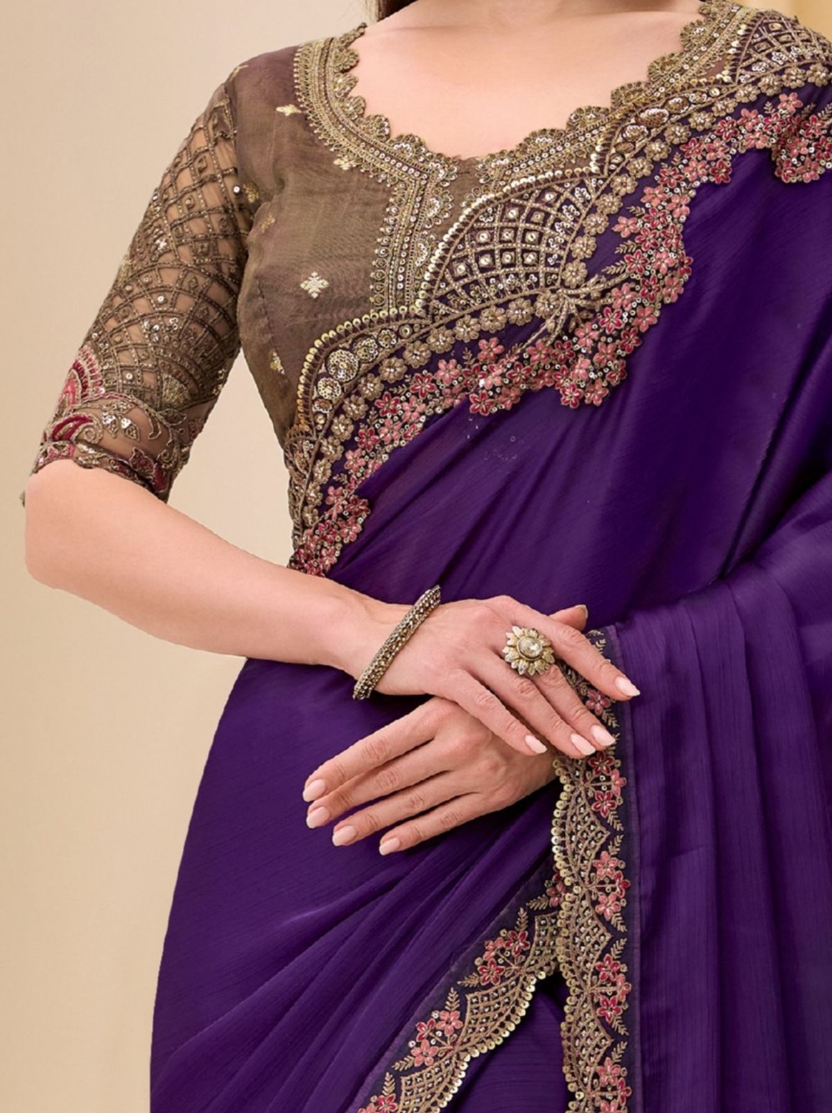 Deep Blue Ethnic Saree with Thread & Zari Work - TrendOye