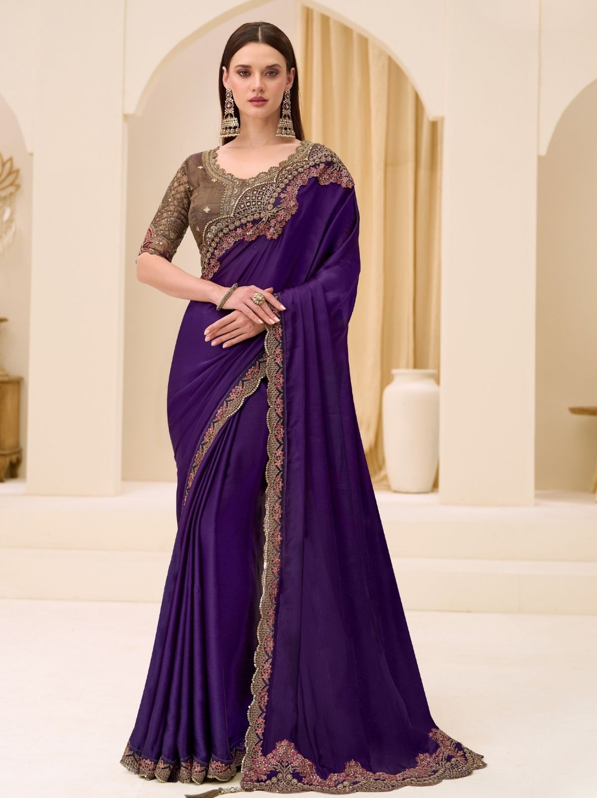 Deep Blue Ethnic Saree with Thread & Zari Work - TrendOye
