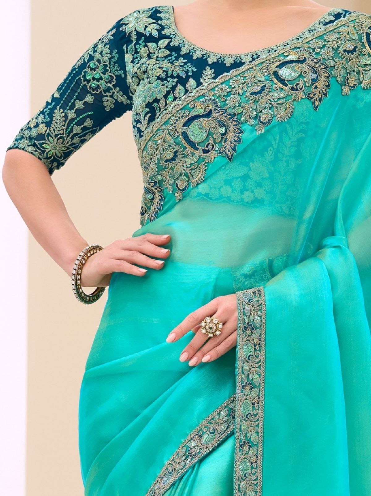 Turquoise Blue Ethnic Saree with Thread & Zari Work - TrendOye
