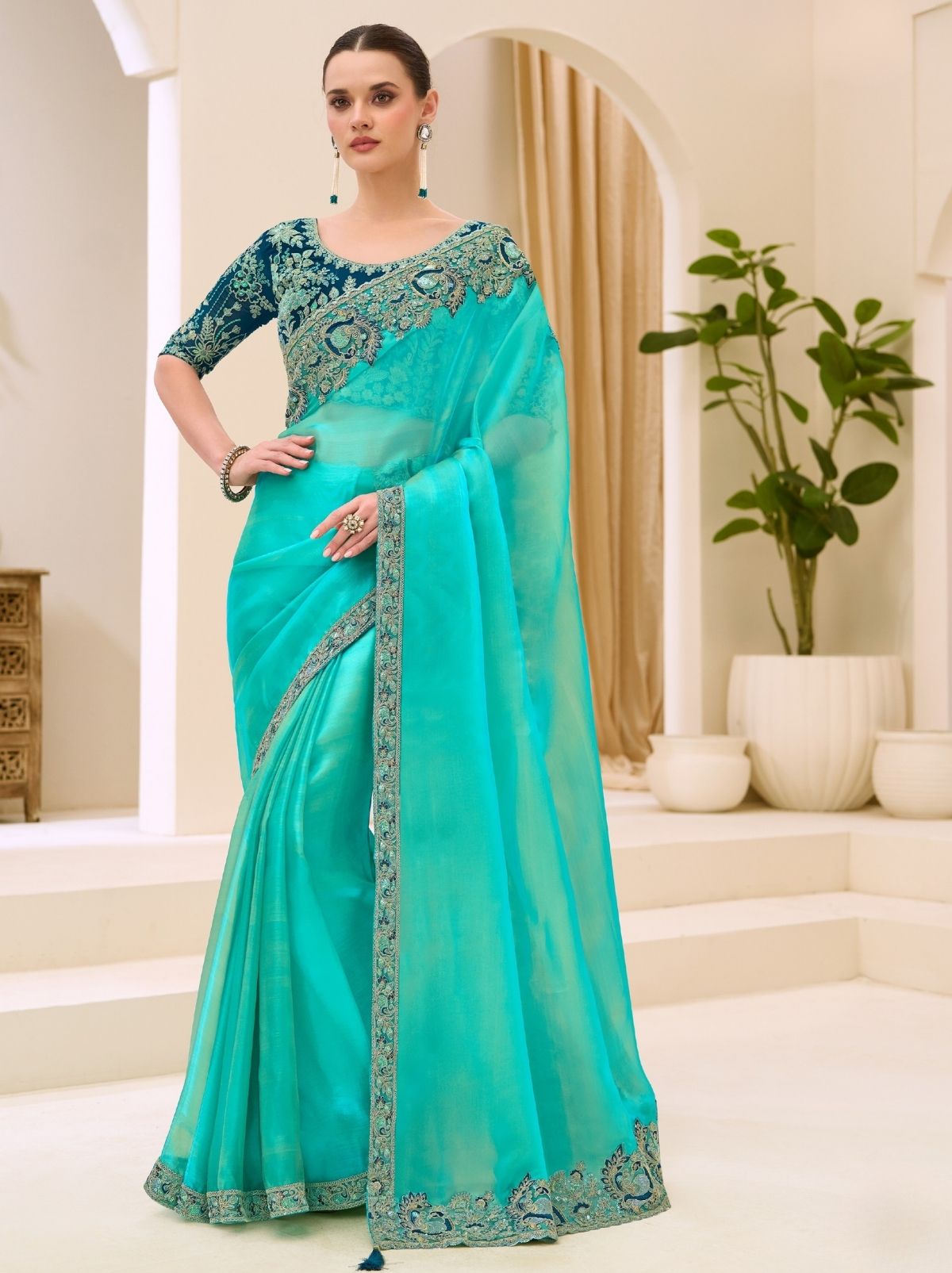 Turquoise Blue Ethnic Saree with Thread & Zari Work - TrendOye
