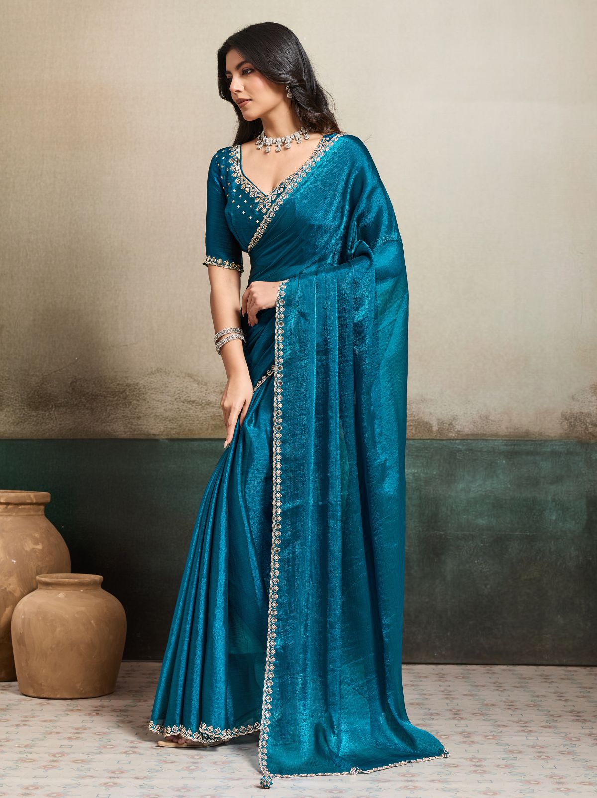 Teal Blue Fancy Chiffon Silk Saree with Zircon Work