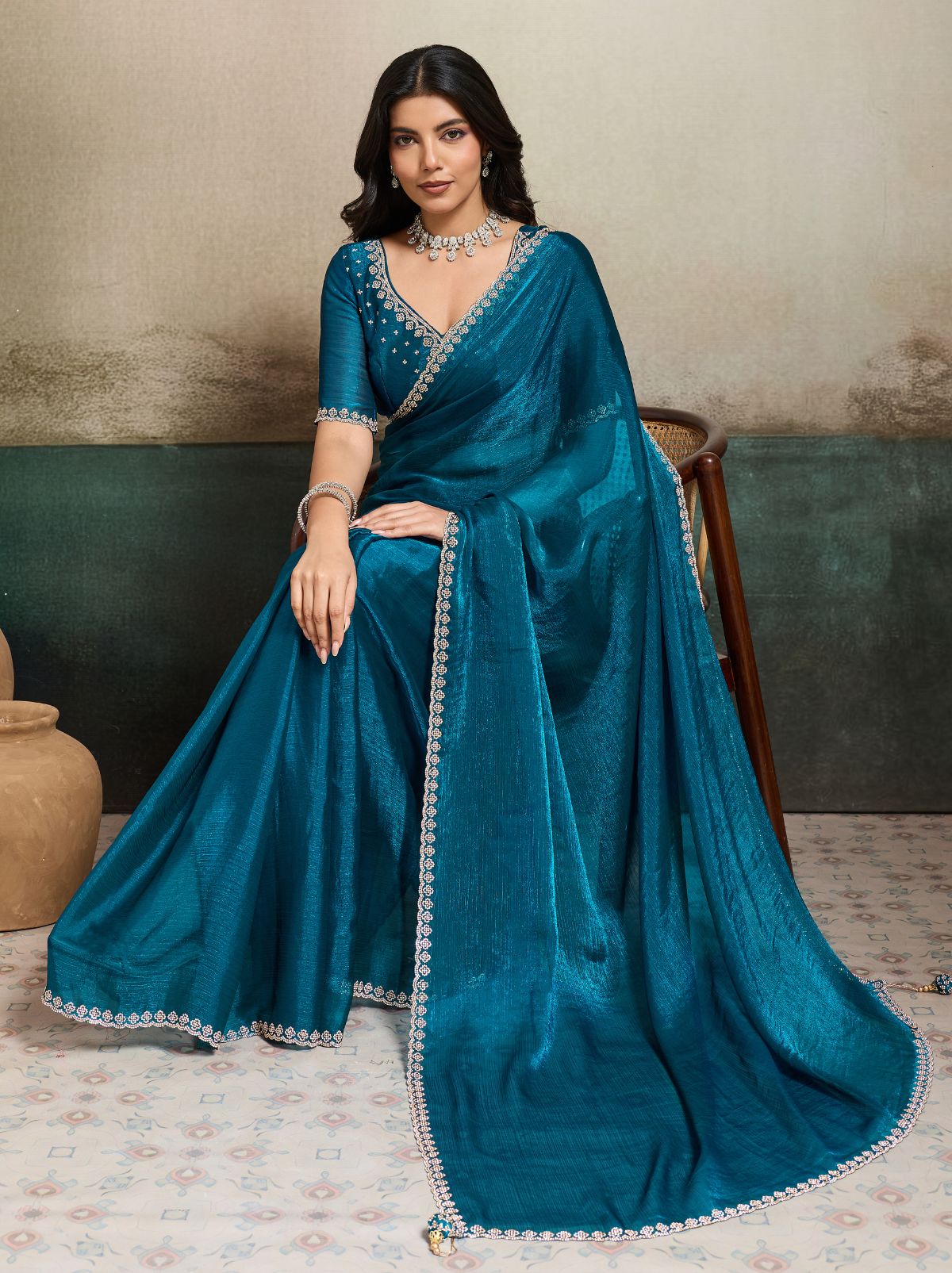 Teal Blue Fancy Chiffon Silk Saree with Zircon Work