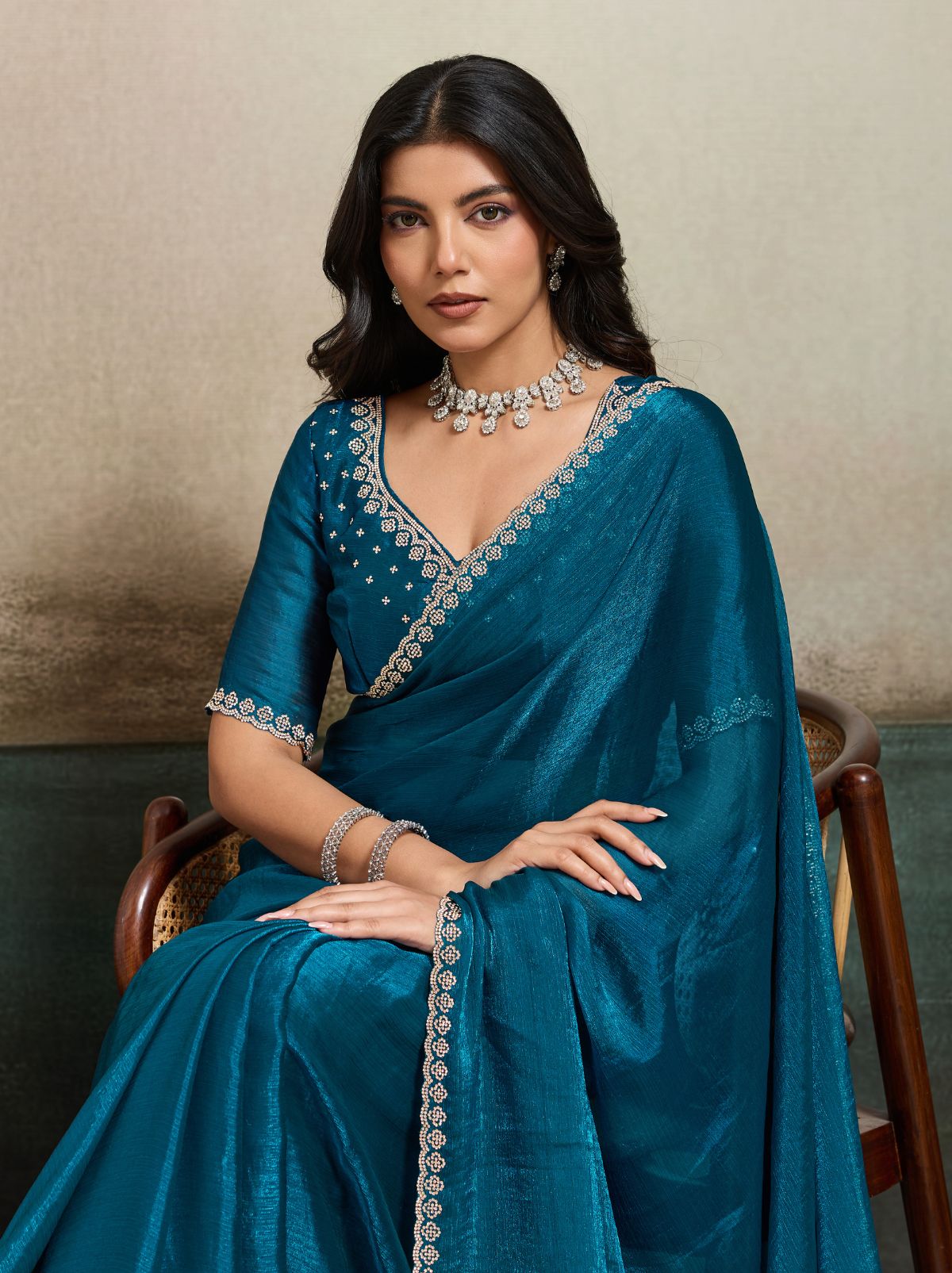 Teal Blue Fancy Chiffon Silk Saree with Zircon Work