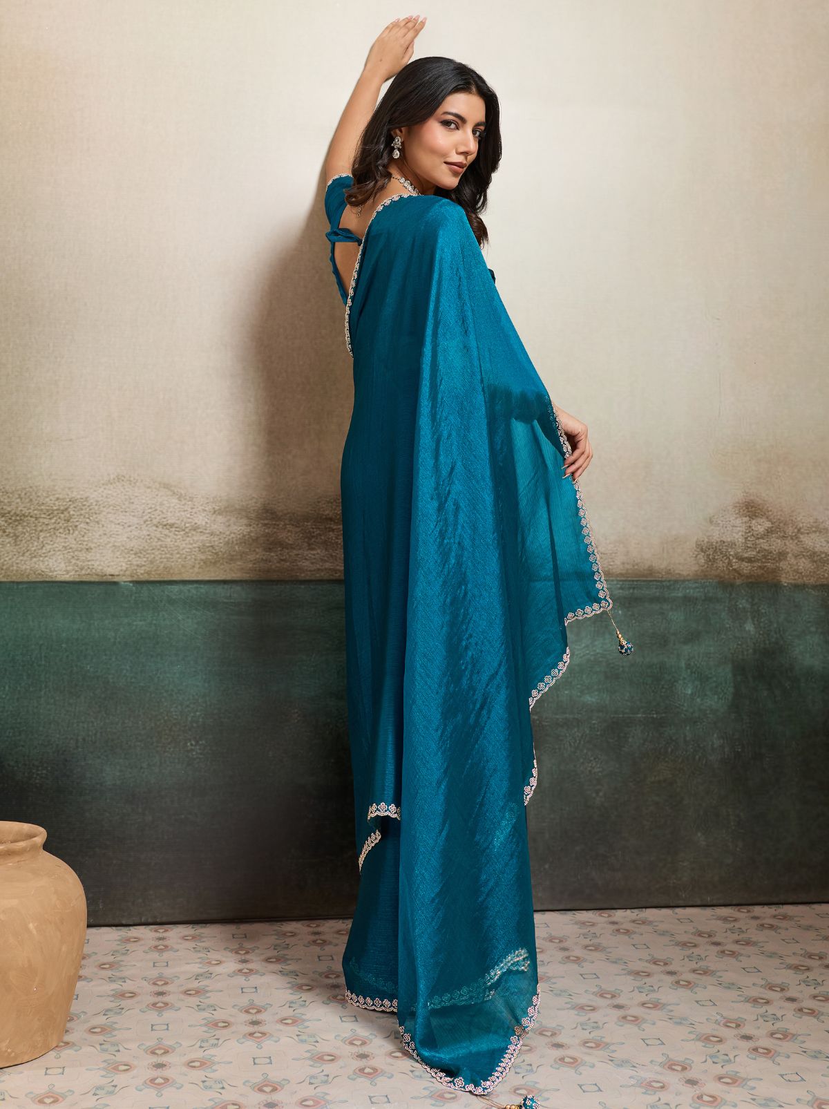 Teal Blue Fancy Chiffon Silk Saree with Zircon Work