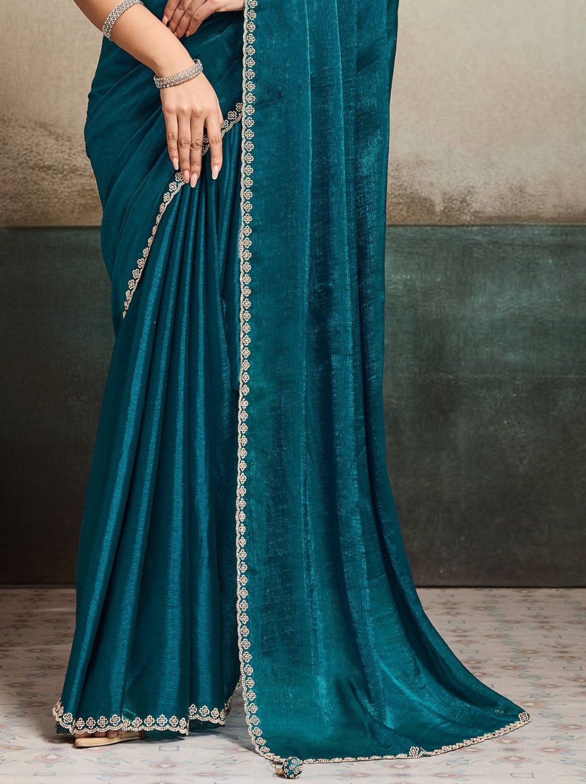 Teal Blue Fancy Chiffon Silk Saree with Zircon Work