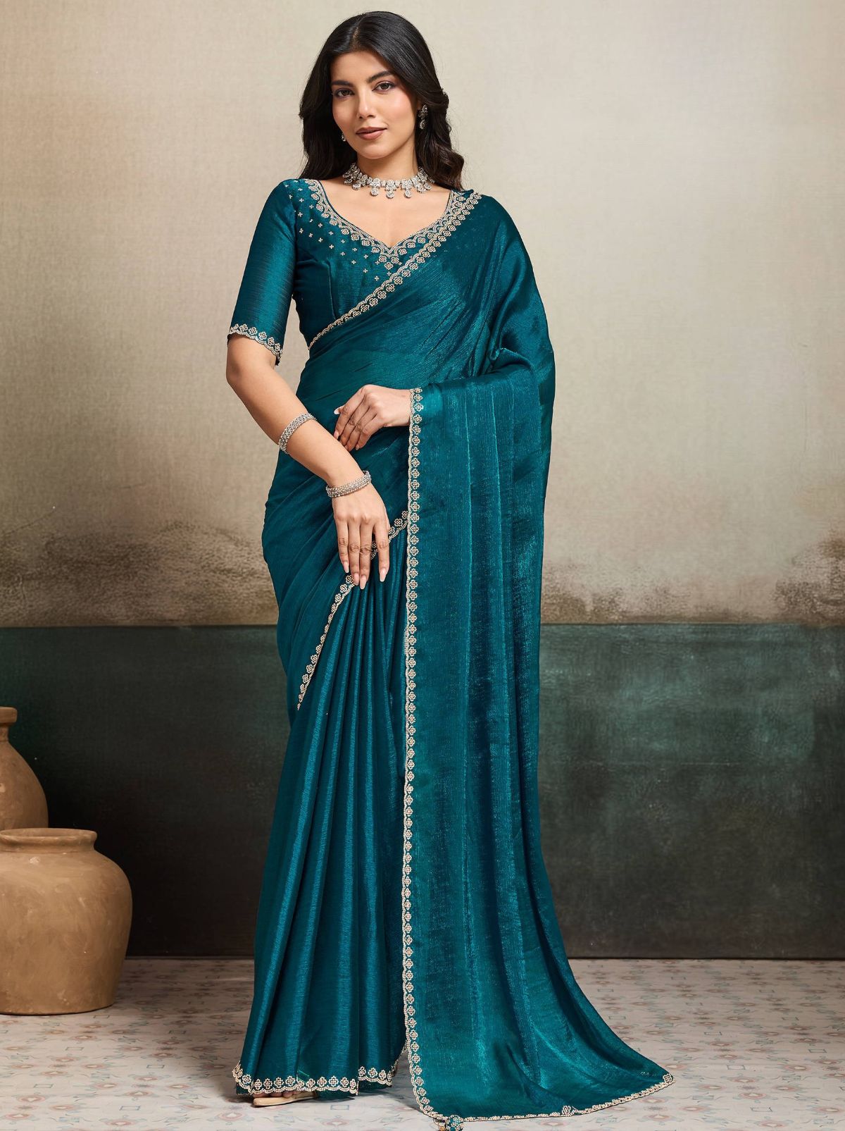 Teal Blue Fancy Chiffon Silk Saree with Zircon Work
