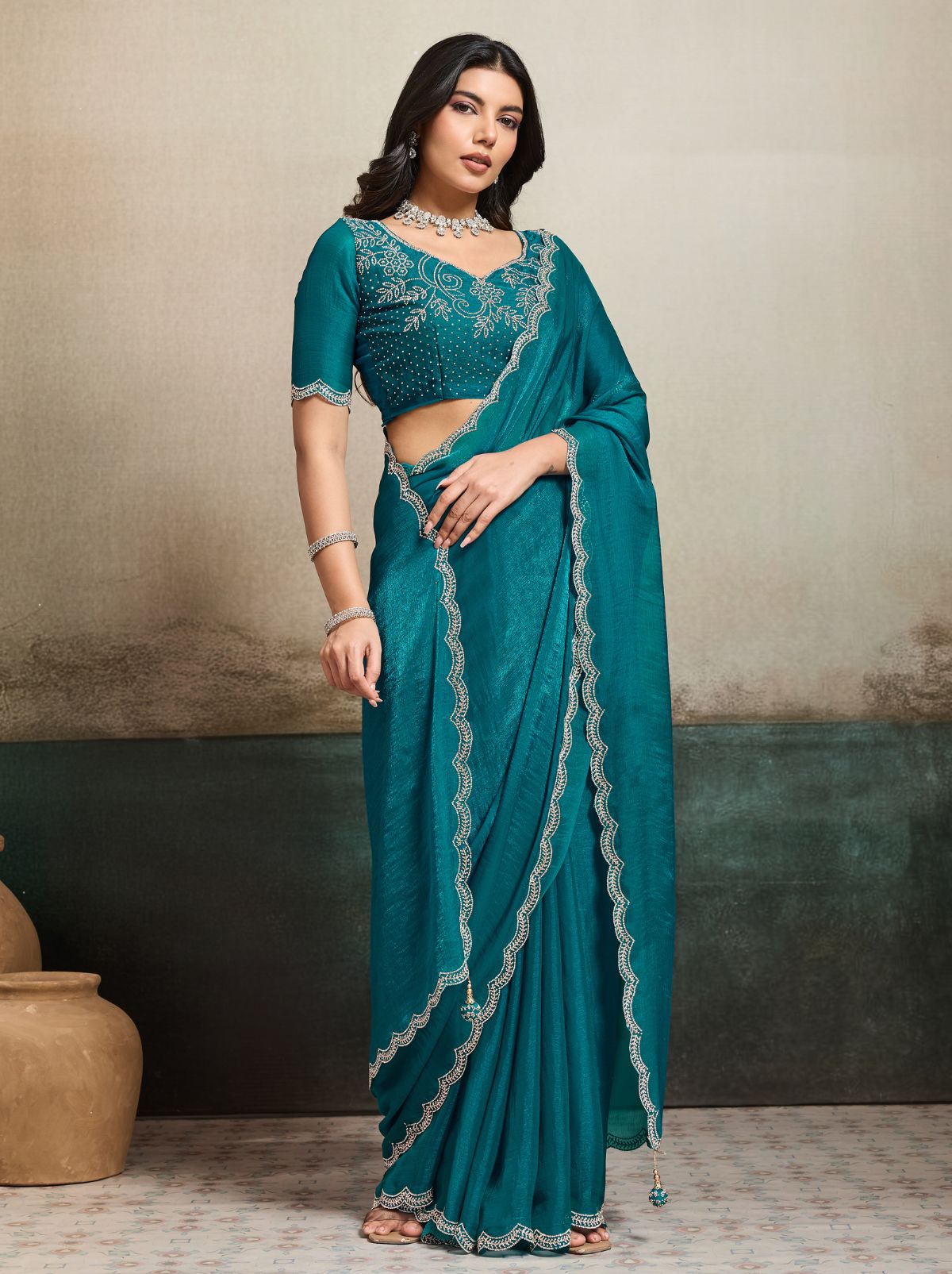 Yale Blue Fancy Chiffon Silk Saree with Zircon Work