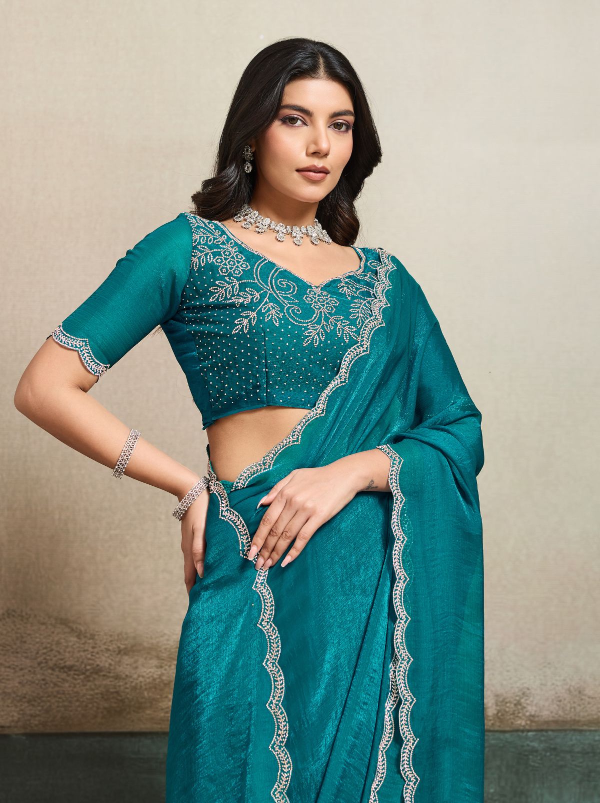 Yale Blue Fancy Chiffon Silk Saree with Zircon Work