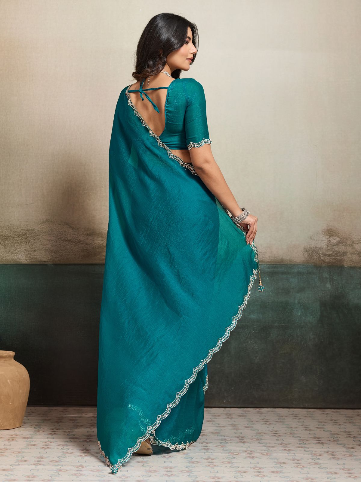 Yale Blue Fancy Chiffon Silk Saree with Zircon Work