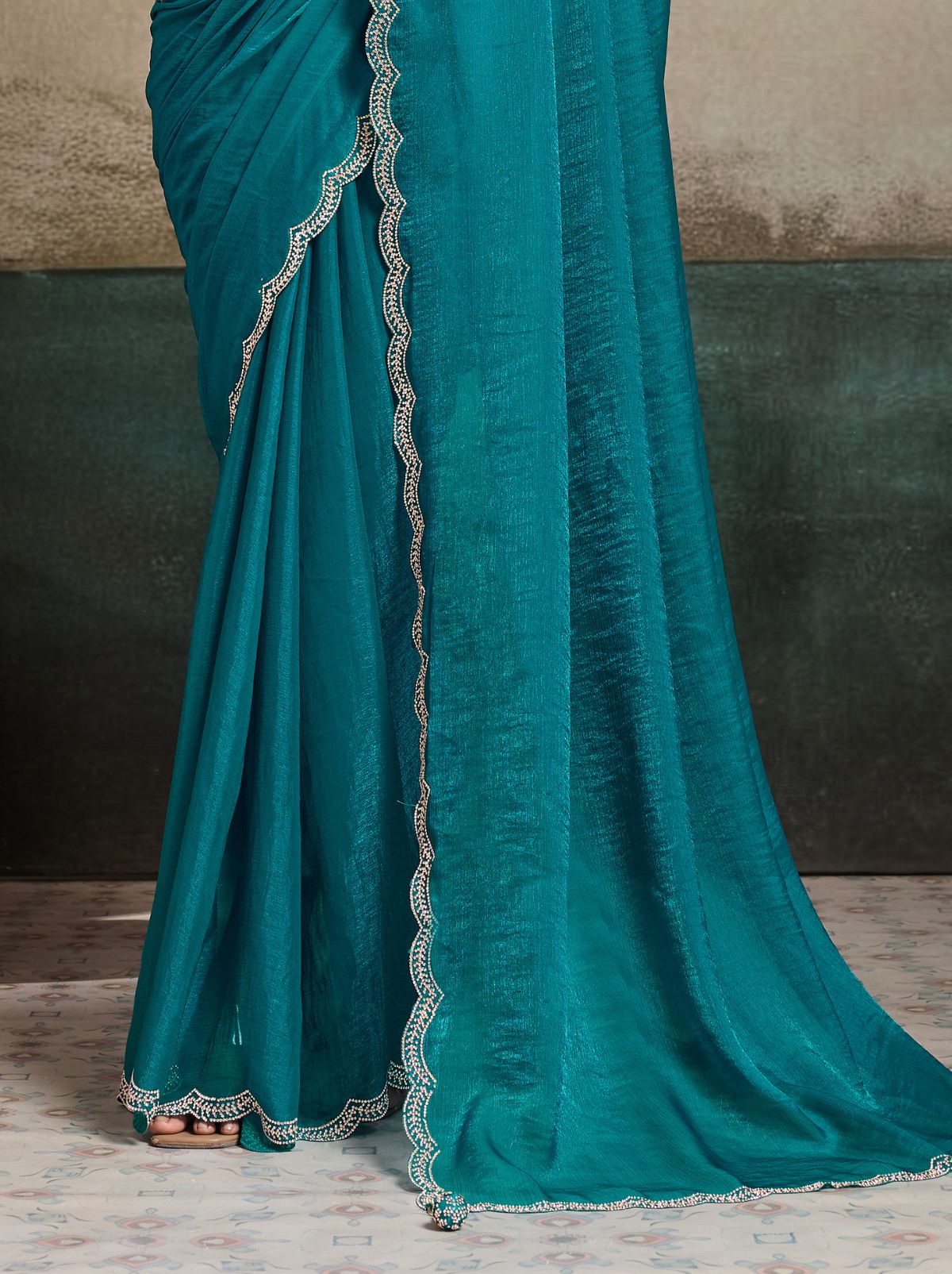 Yale Blue Fancy Chiffon Silk Saree with Zircon Work