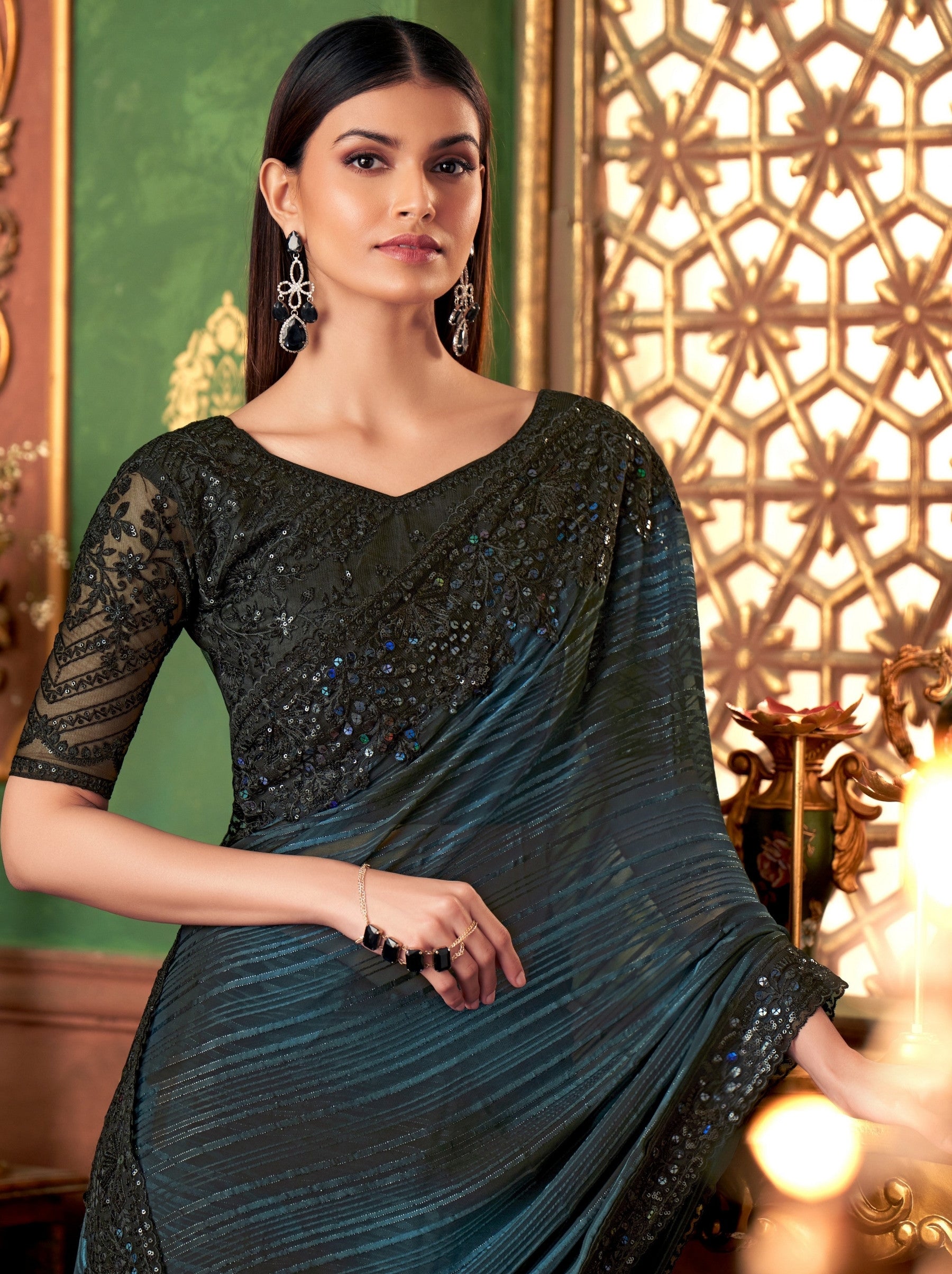 Denim Blue Party Designer Saree - TrendOye