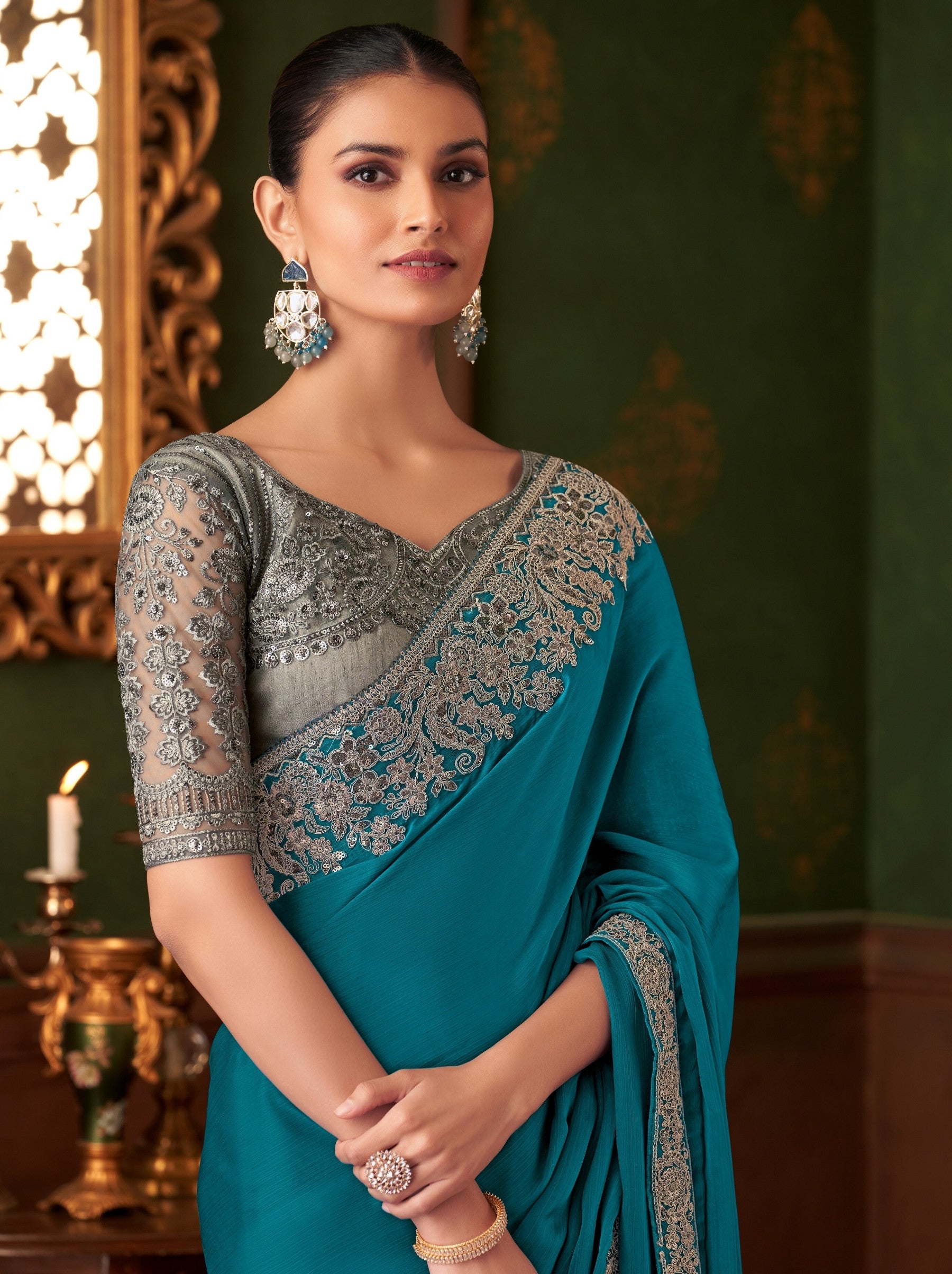 Olympic Blue Party Designer Saree - TrendOye
