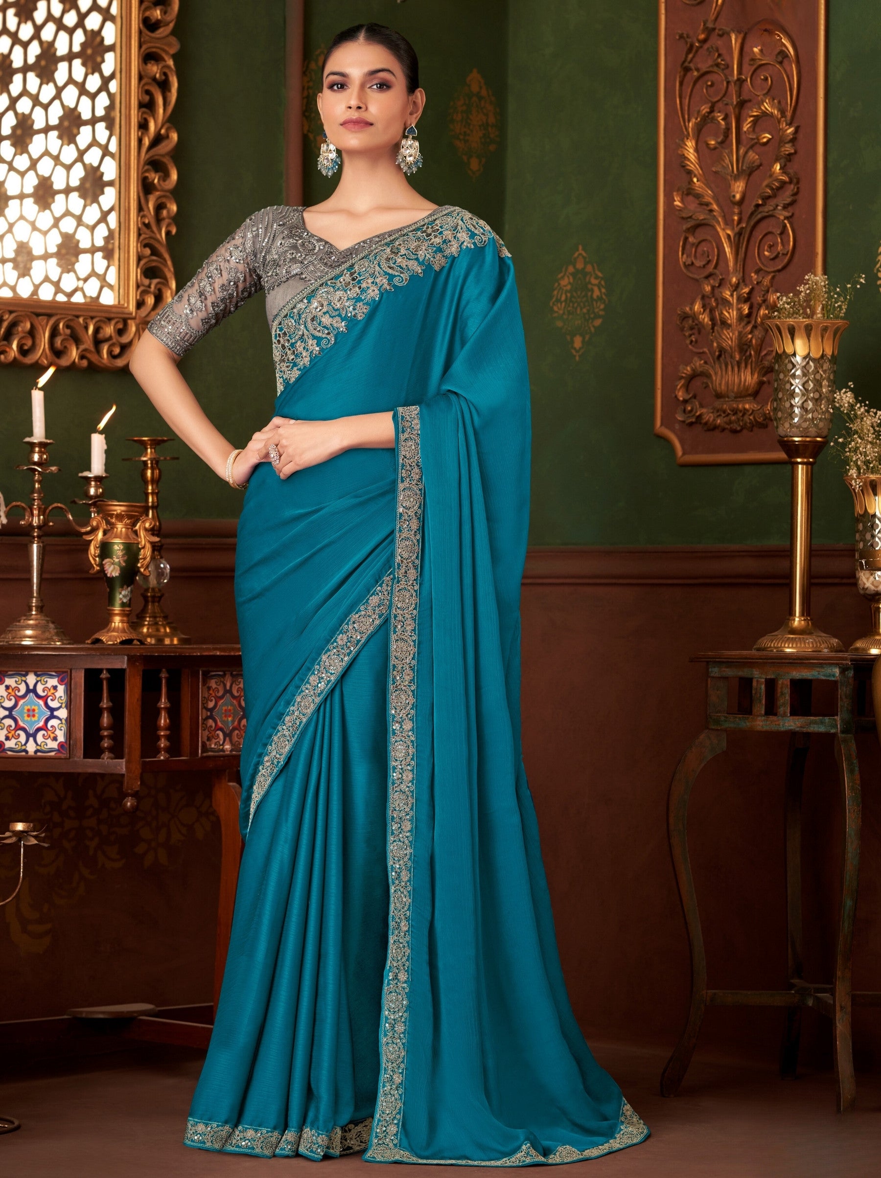Olympic Blue Party Designer Saree - TrendOye