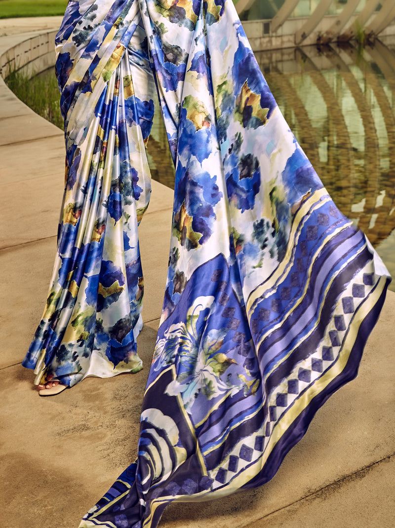 Blue-White Floral Pattern Fancy Digital Satin Crepe Saree
