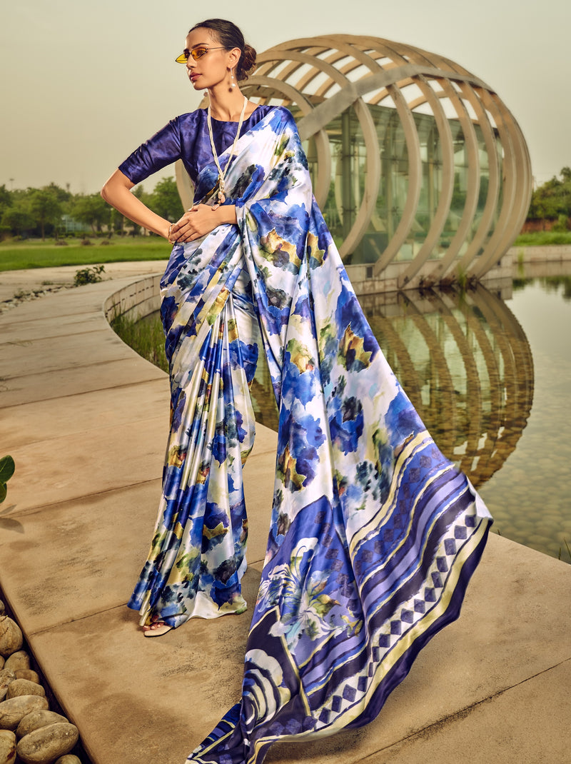 Blue-White Floral Pattern Fancy Digital Satin Crepe Saree
