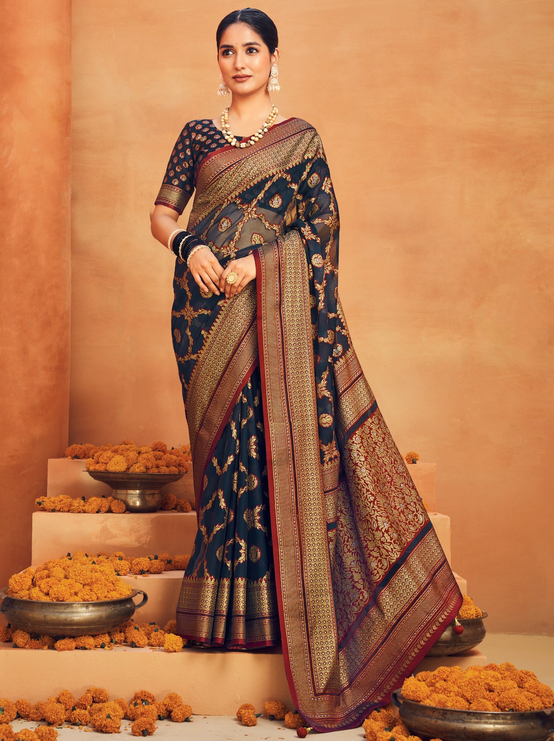 Midnight Blue Georgette Festive Saree - TrendOye