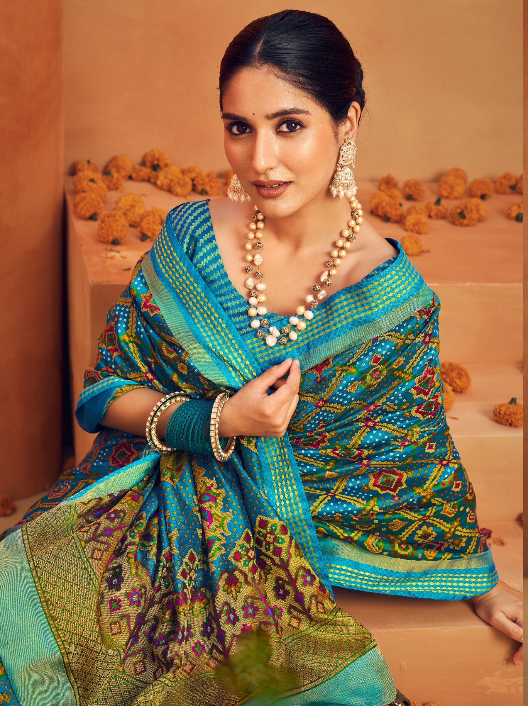 Turquoise Blue Georgette Festive Saree - TrendOye