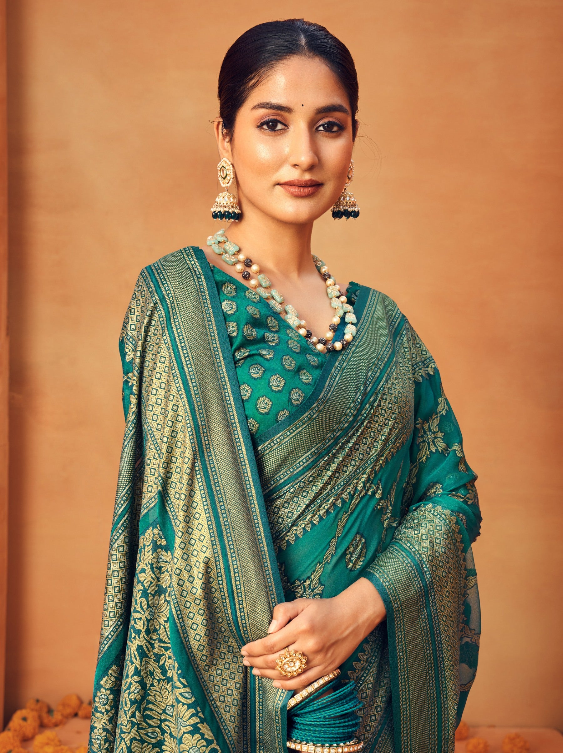 Teal Blue Georgette Festive Saree - TrendOye