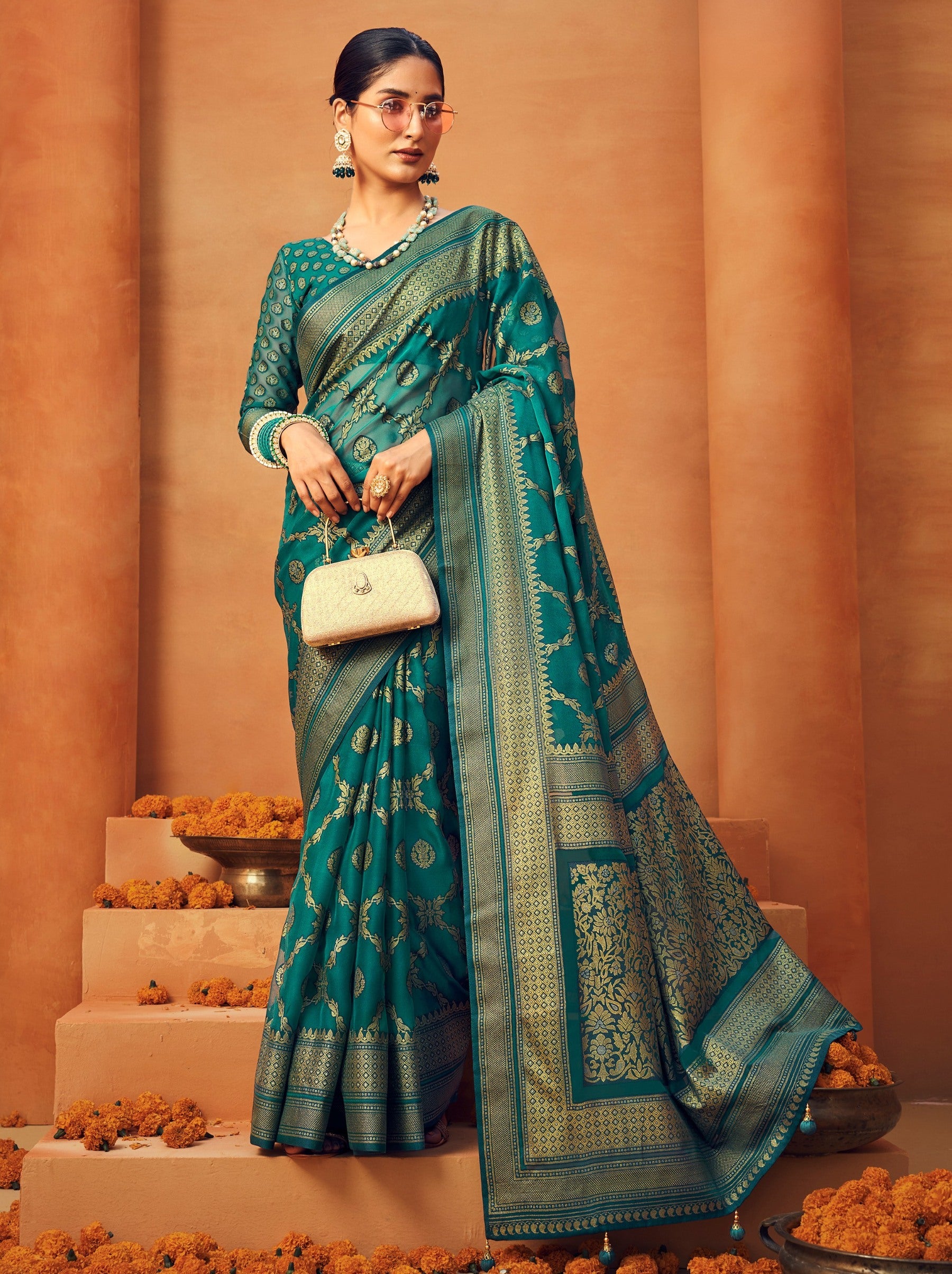 Teal Blue Georgette Festive Saree - TrendOye
