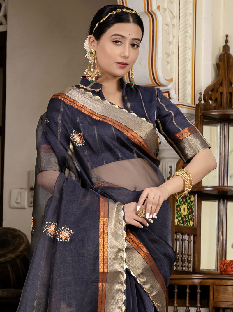 Space Blue Fancy Linen Saree With Blouse Piece