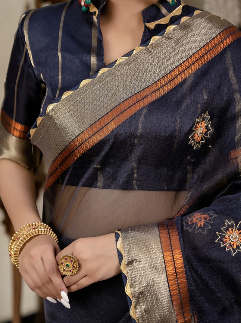 Space Blue Fancy Linen Saree With Blouse Piece