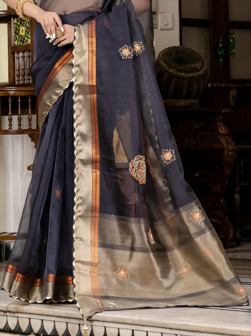 Space Blue Fancy Linen Saree With Blouse Piece