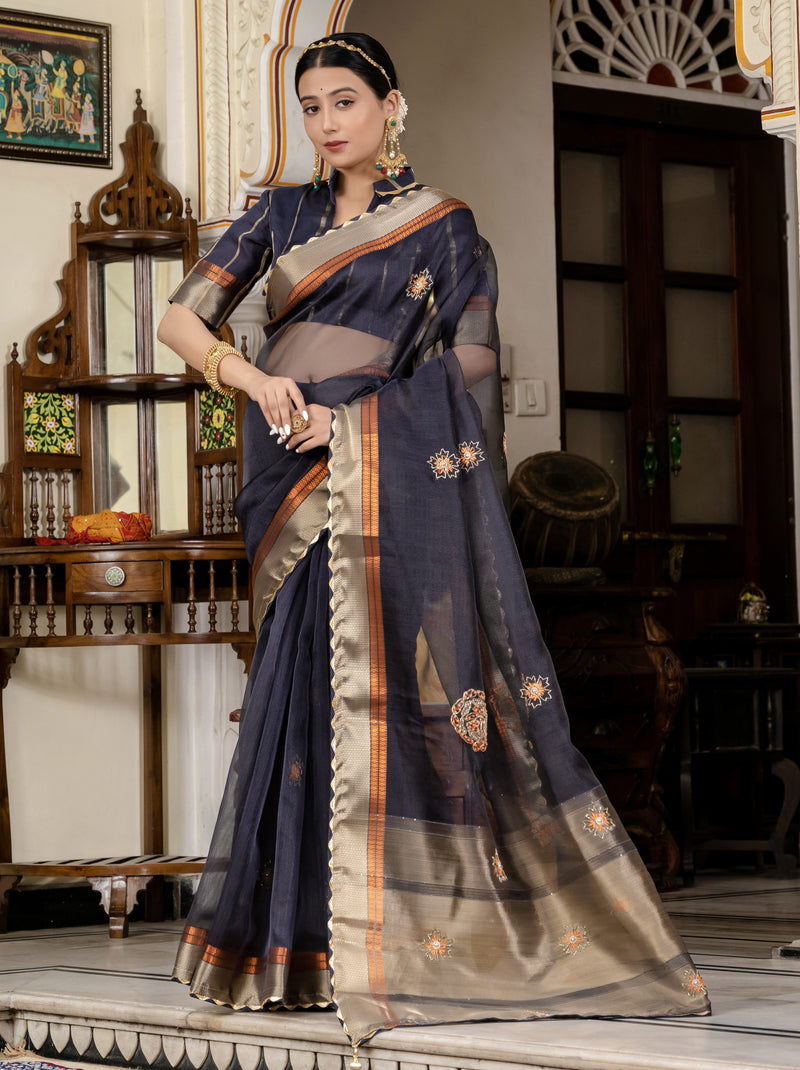 Space Blue Fancy Linen Saree With Blouse Piece