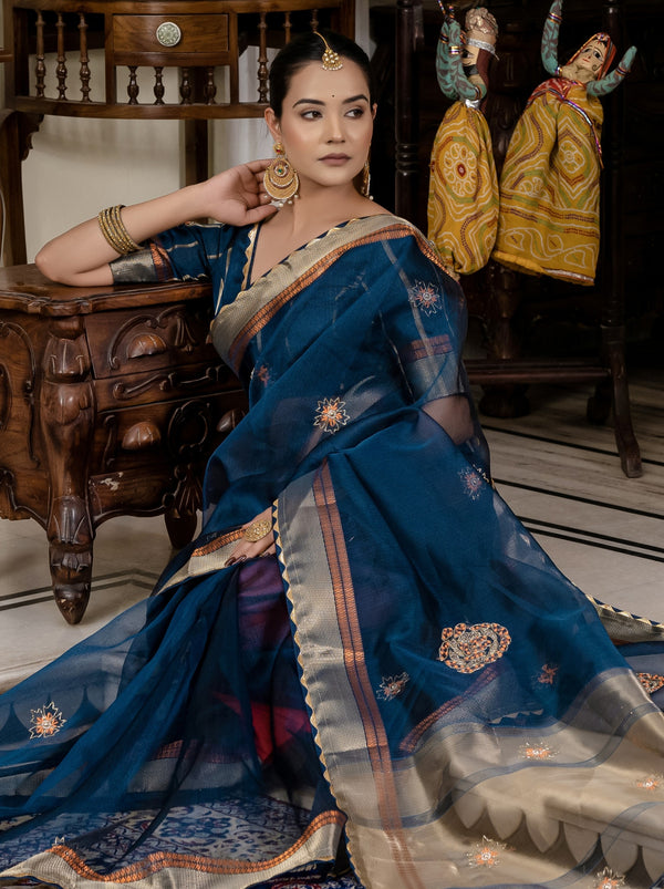 Prussian Blue Fancy Linen Saree With Blouse Piece